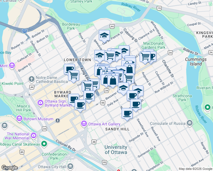 map of restaurants, bars, coffee shops, grocery stores, and more near 154 Nelson Street in Ottawa