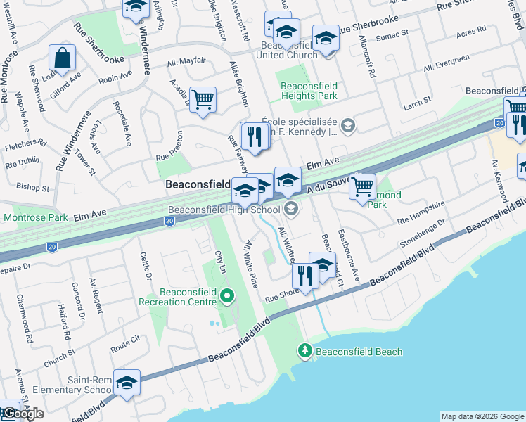 map of restaurants, bars, coffee shops, grocery stores, and more near 84 Wildtree Drive in Beaconsfield