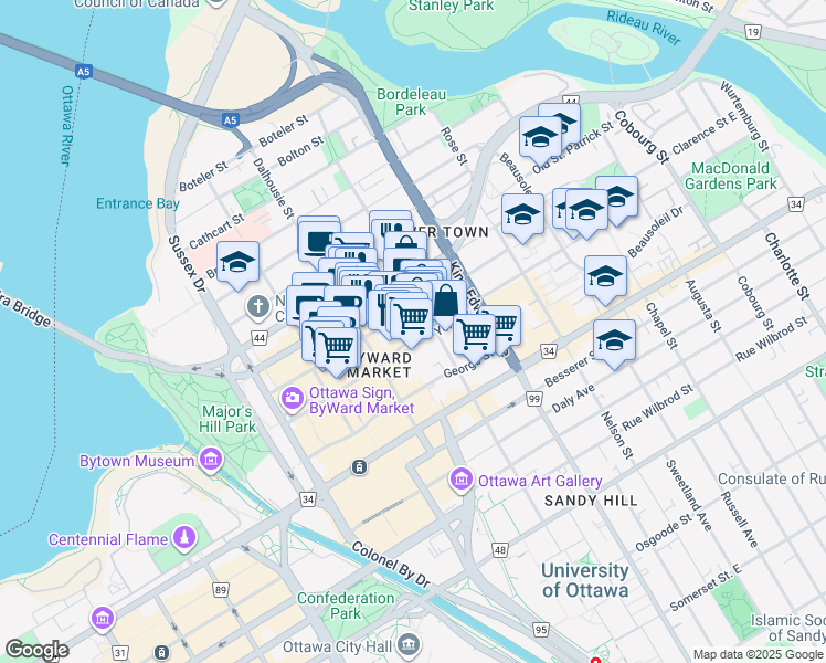 map of restaurants, bars, coffee shops, grocery stores, and more near 145 York Street in Ottawa