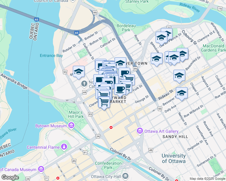 map of restaurants, bars, coffee shops, grocery stores, and more near 263 Dalhousie Street in Ottawa