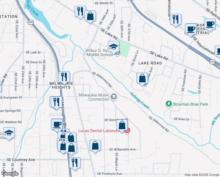 map of restaurants, bars, coffee shops, grocery stores, and more near 3410 Southeast Aldercrest Road in Milwaukie