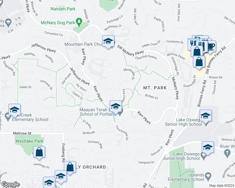 map of restaurants, bars, coffee shops, grocery stores, and more near 7 Mount Jefferson Terrace in Lake Oswego