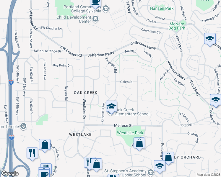 map of restaurants, bars, coffee shops, grocery stores, and more near 87 Galen Street in Lake Oswego