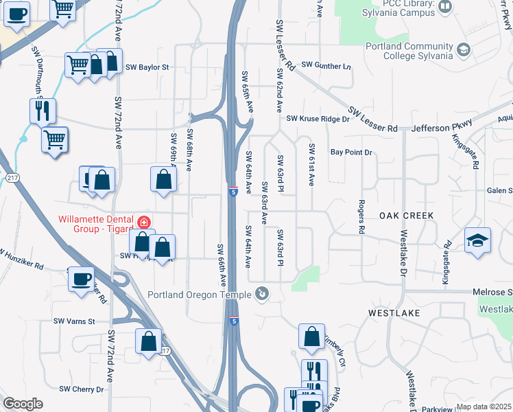 map of restaurants, bars, coffee shops, grocery stores, and more near 13190 Southwest 63rd Avenue in Portland