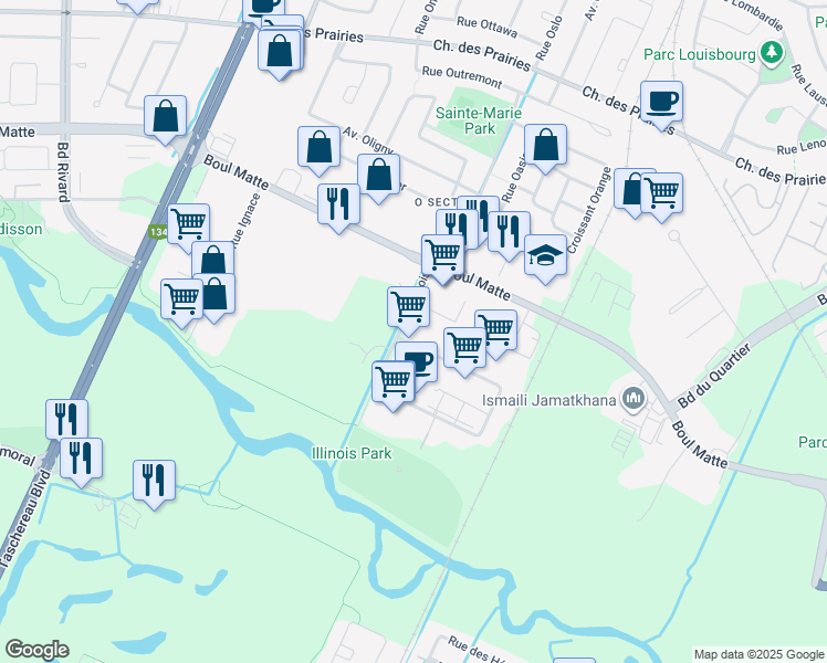 map of restaurants, bars, coffee shops, grocery stores, and more near 9555 Avenue Illinois in Brossard