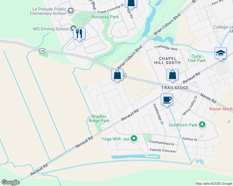 map of restaurants, bars, coffee shops, grocery stores, and more near 679 Percifor Way in Ottawa