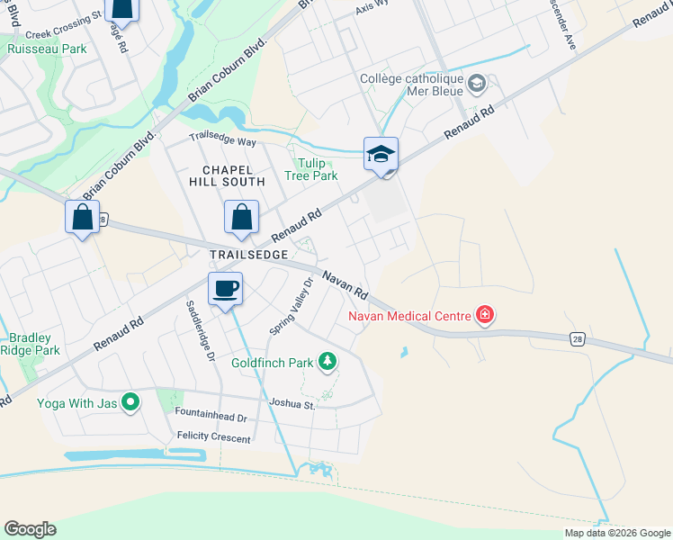map of restaurants, bars, coffee shops, grocery stores, and more near 3217 Navan Road in Ottawa