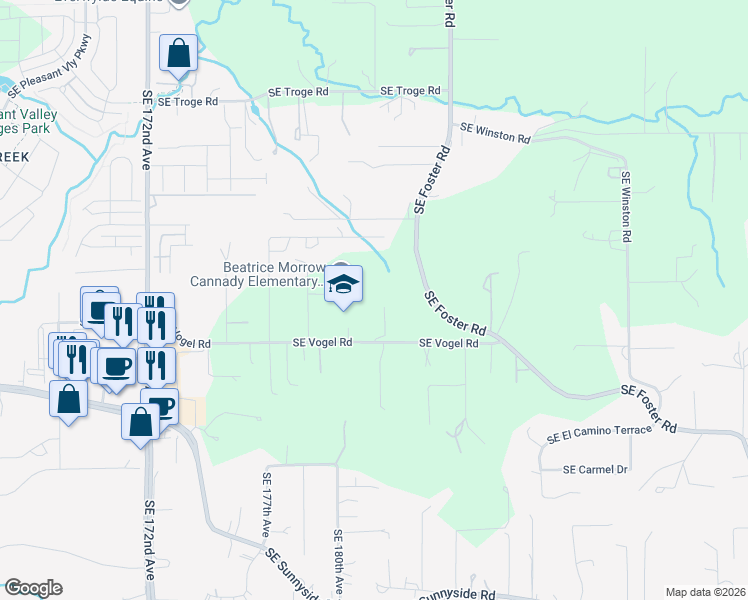map of restaurants, bars, coffee shops, grocery stores, and more near 17721 Southeast Vogel Court in Damascus
