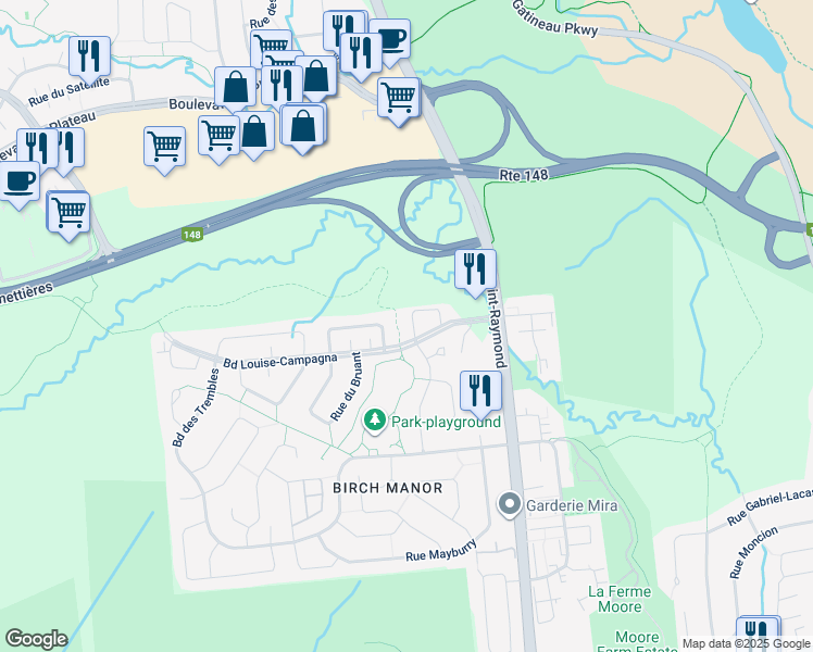 map of restaurants, bars, coffee shops, grocery stores, and more near 58 Rue des Bécassines in Gatineau