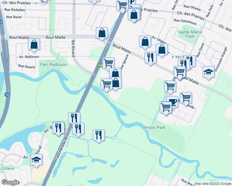 map of restaurants, bars, coffee shops, grocery stores, and more near 9655 Rue Ignace in Brossard