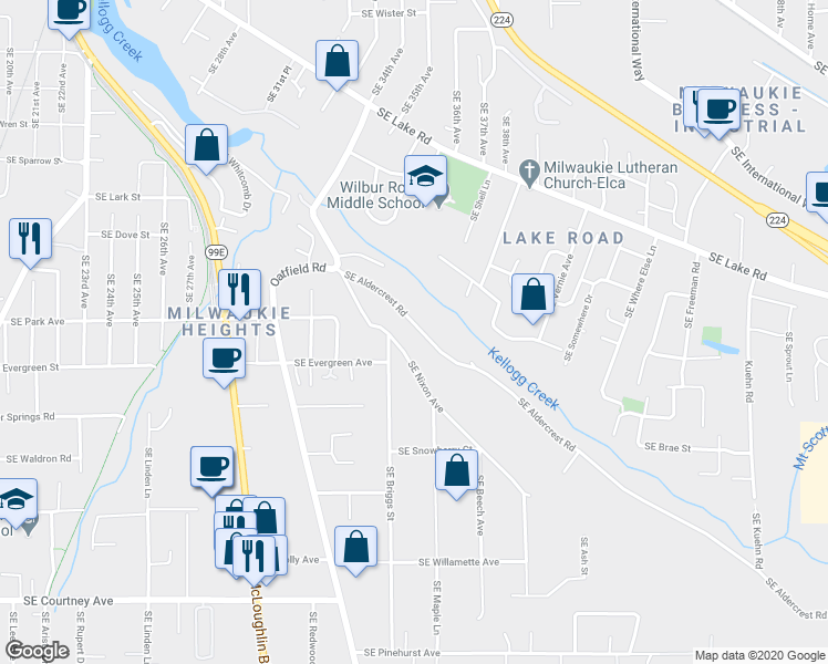 map of restaurants, bars, coffee shops, grocery stores, and more near 3444 Southeast Aldercrest Road in Milwaukie