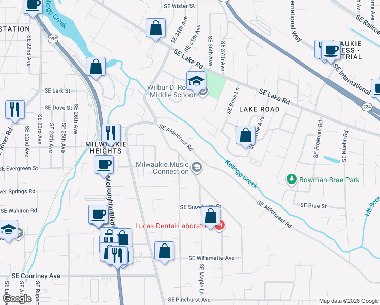 map of restaurants, bars, coffee shops, grocery stores, and more near 3410 Southeast Aldercrest Road in Milwaukie