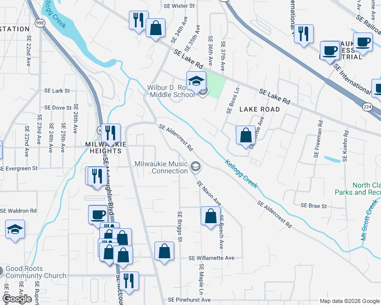map of restaurants, bars, coffee shops, grocery stores, and more near 3444 Southeast Aldercrest Road in Milwaukie