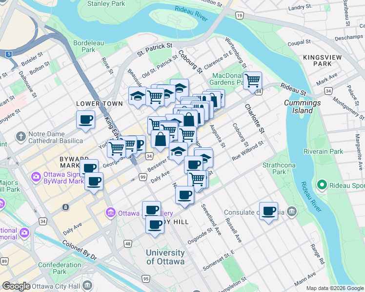 map of restaurants, bars, coffee shops, grocery stores, and more near 363 Besserer Street in Ottawa