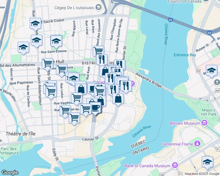 map of restaurants, bars, coffee shops, grocery stores, and more near in Gatineau