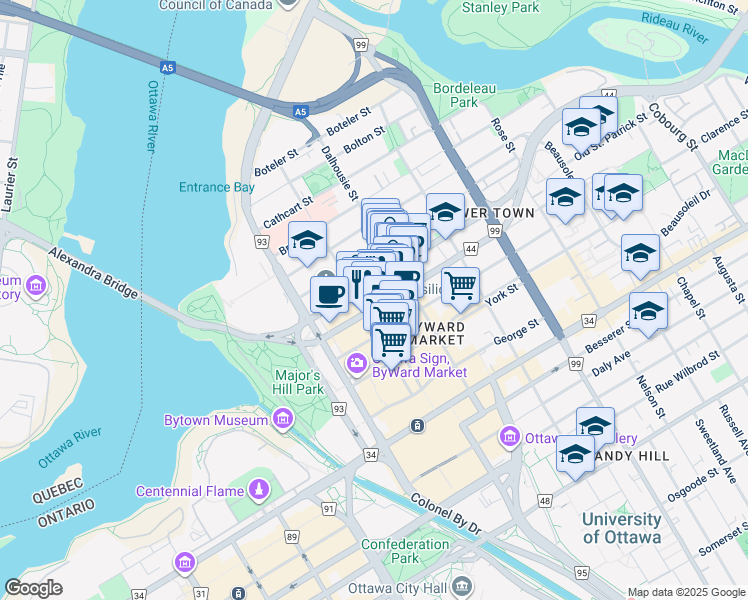 map of restaurants, bars, coffee shops, grocery stores, and more near 101 Parent Avenue in Ottawa
