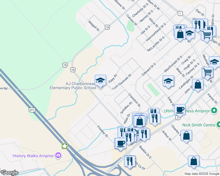 map of restaurants, bars, coffee shops, grocery stores, and more near 111 Tom Gavinski Street in Arnprior