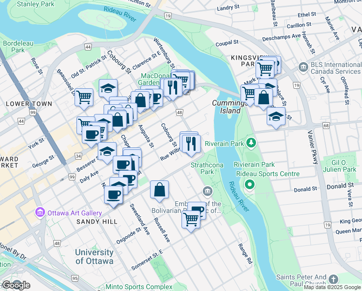 map of restaurants, bars, coffee shops, grocery stores, and more near 469 Rue Wilbrod Street in Ottawa