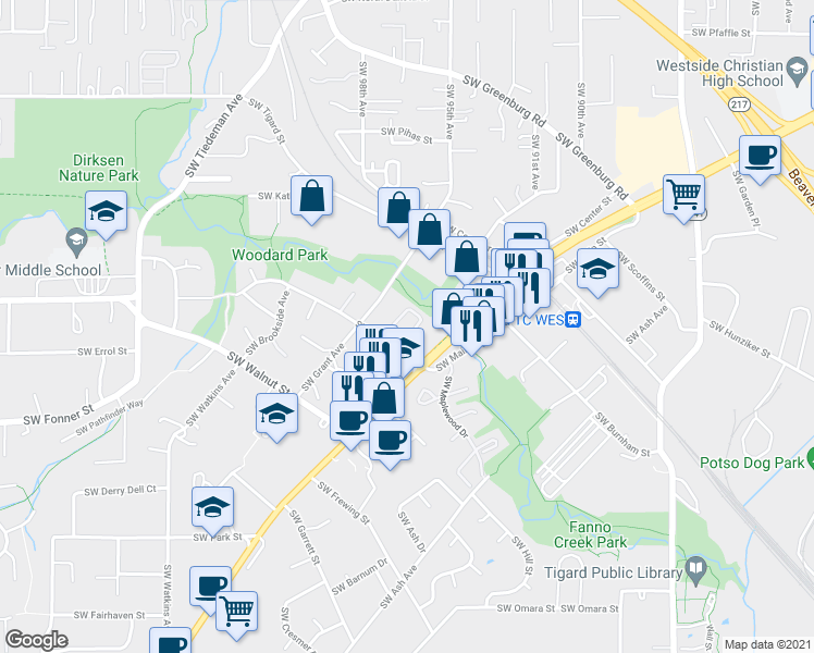 map of restaurants, bars, coffee shops, grocery stores, and more near 12348 Southwest Grant Avenue in Tigard