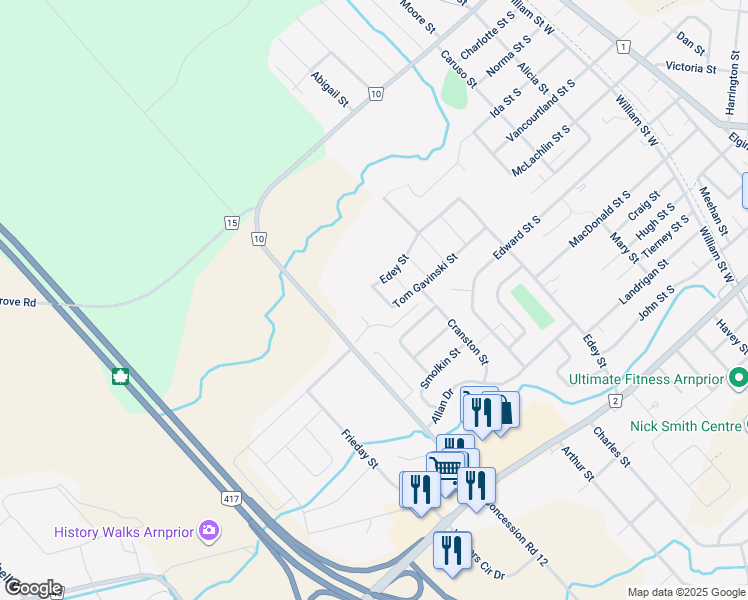 map of restaurants, bars, coffee shops, grocery stores, and more near 225 Baskin Drive West in Arnprior