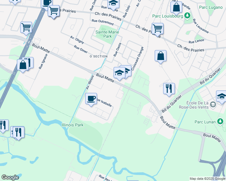 map of restaurants, bars, coffee shops, grocery stores, and more near 3500-3698 Boulevard Matte in Brossard