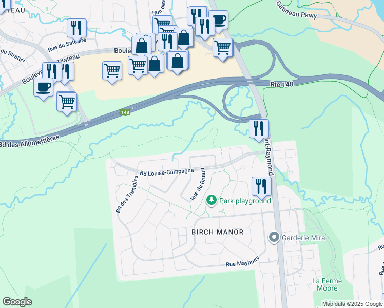 map of restaurants, bars, coffee shops, grocery stores, and more near 48 Rue des Migrateurs in Gatineau