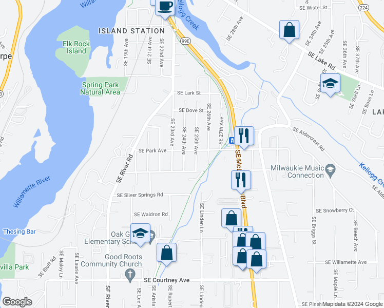 map of restaurants, bars, coffee shops, grocery stores, and more near 12803 Southeast 25th Avenue in Oak Grove