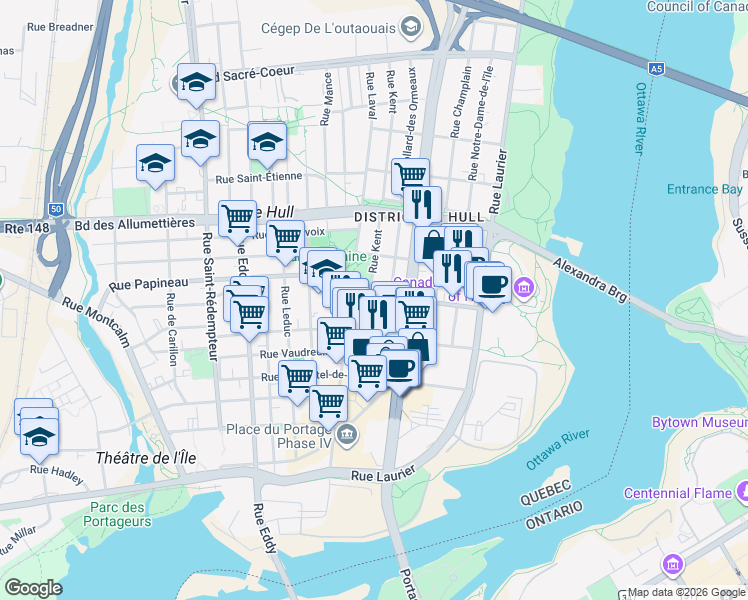 map of restaurants, bars, coffee shops, grocery stores, and more near 202 Rue Papineau in Gatineau