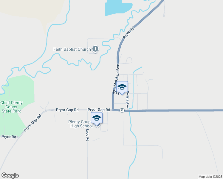 map of restaurants, bars, coffee shops, grocery stores, and more near Pryor Road in Pryor