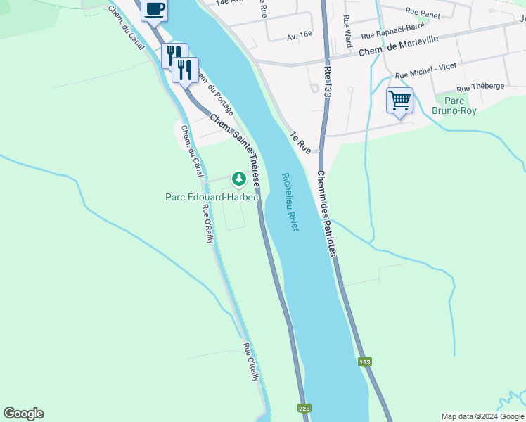 map of restaurants, bars, coffee shops, grocery stores, and more near 3127 Chemin Sainte-Thérèse in Carignan