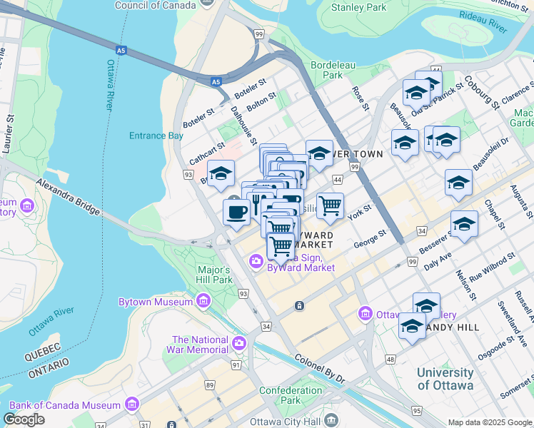 map of restaurants, bars, coffee shops, grocery stores, and more near 101 Parent Avenue in Ottawa