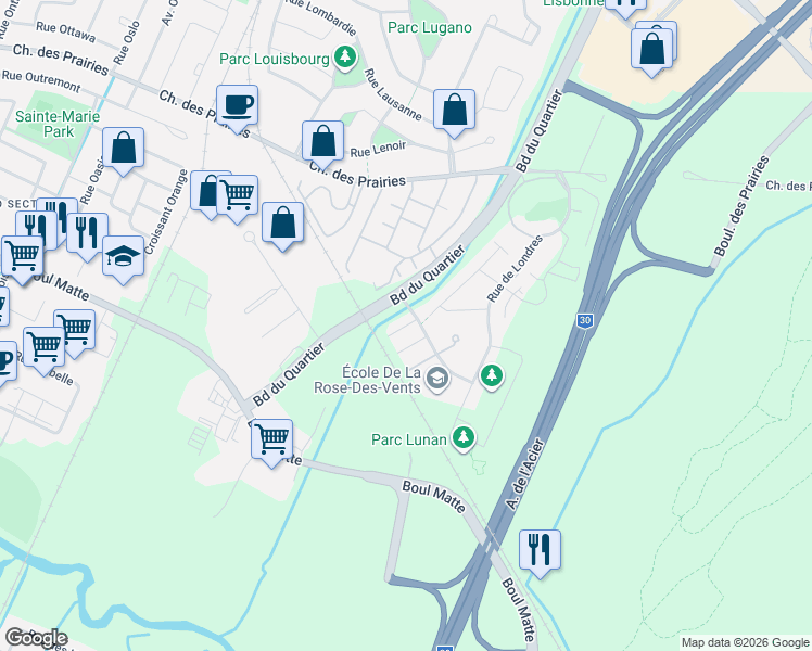 map of restaurants, bars, coffee shops, grocery stores, and more near 2090 Rue De Lyne in Brossard