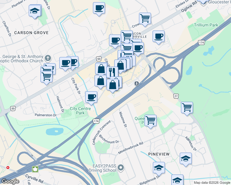 map of restaurants, bars, coffee shops, grocery stores, and more near 200 Frontier Path Private in Ottawa