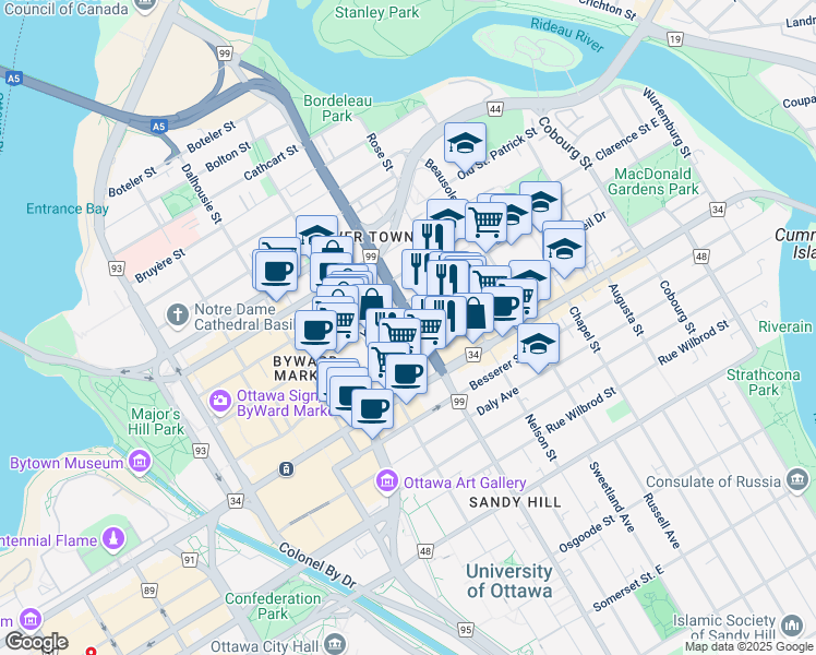 map of restaurants, bars, coffee shops, grocery stores, and more near 350 King Edward Avenue in Ottawa