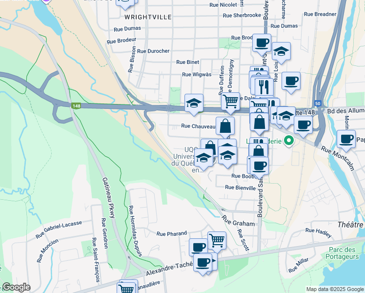 map of restaurants, bars, coffee shops, grocery stores, and more near 114 Rue de Lorimier in Gatineau