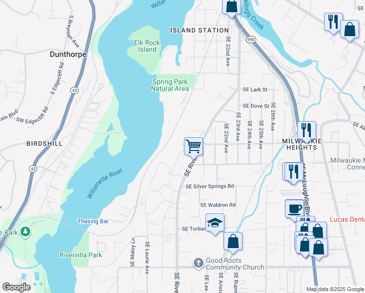 map of restaurants, bars, coffee shops, grocery stores, and more near 12705 Southeast River Road in Oak Grove