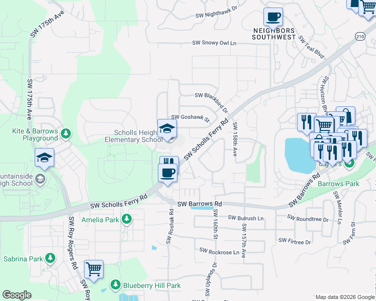 map of restaurants, bars, coffee shops, grocery stores, and more near 16400 Southwest Loon Drive in Beaverton
