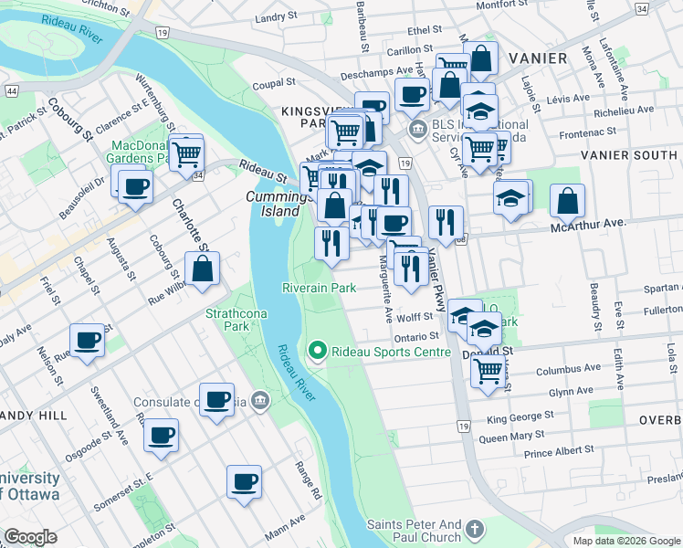 map of restaurants, bars, coffee shops, grocery stores, and more near in Ottawa