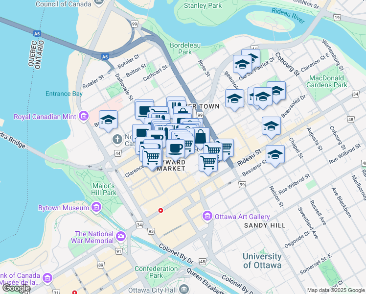 map of restaurants, bars, coffee shops, grocery stores, and more near 179 Clarence Street in Ottawa
