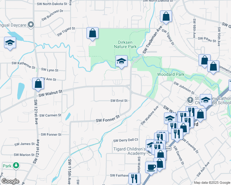 map of restaurants, bars, coffee shops, grocery stores, and more near 10920 Southwest Walnut Street in Tigard