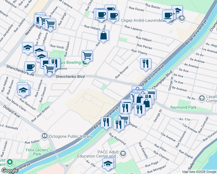 map of restaurants, bars, coffee shops, grocery stores, and more near 1099 Rue Sylvestre in Montréal