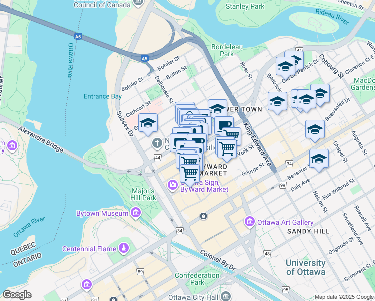 map of restaurants, bars, coffee shops, grocery stores, and more near 274 Dalhousie Street in Ottawa