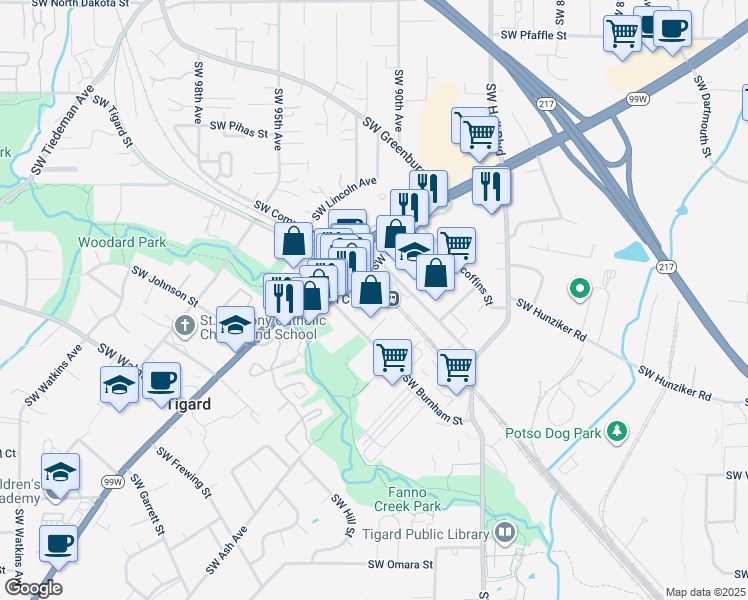 map of restaurants, bars, coffee shops, grocery stores, and more near 12360 Southwest Main Street in Tigard