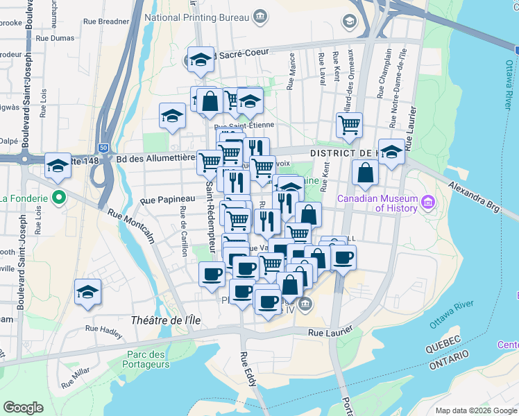 map of restaurants, bars, coffee shops, grocery stores, and more near 123 Rue Leduc in Gatineau