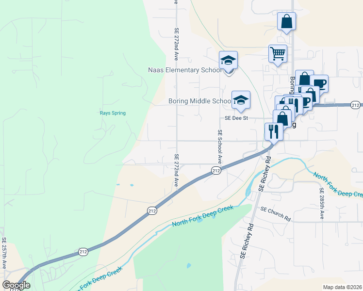 map of restaurants, bars, coffee shops, grocery stores, and more near 27255 Southeast Wally Road in Boring