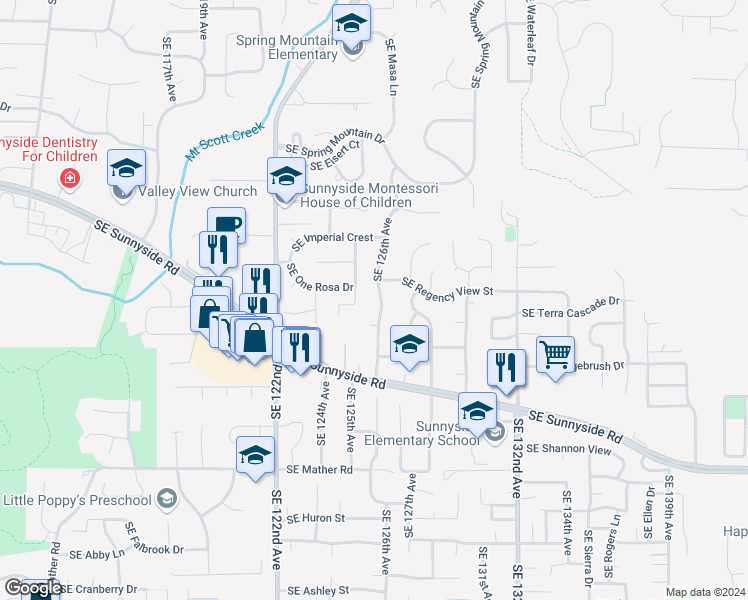 map of restaurants, bars, coffee shops, grocery stores, and more near 12801 Southeast 126th Avenue in Happy Valley