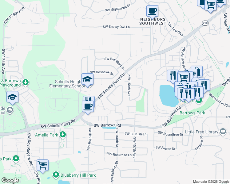 map of restaurants, bars, coffee shops, grocery stores, and more near 12671 Southwest Canvasback Way in Beaverton
