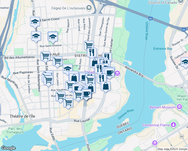 map of restaurants, bars, coffee shops, grocery stores, and more near 145 Rue Champlain in Gatineau