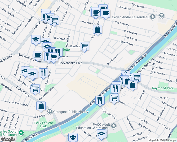 map of restaurants, bars, coffee shops, grocery stores, and more near 1160 Rue Louis-Joliet in Montréal