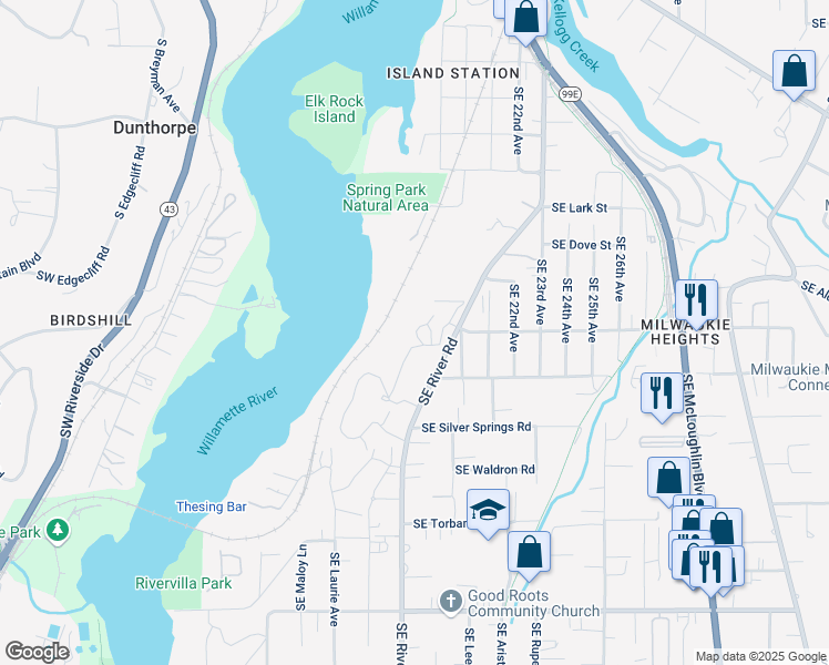 map of restaurants, bars, coffee shops, grocery stores, and more near 12705 Southeast River Road in Oak Grove